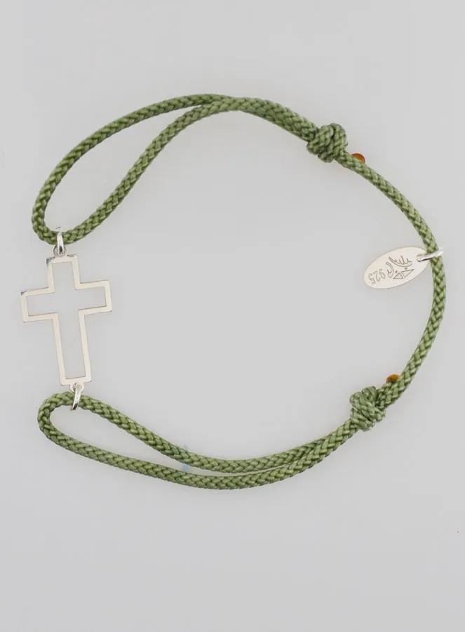 Silver and Green Rope Bracelet - Openwork Cross (pic 1)