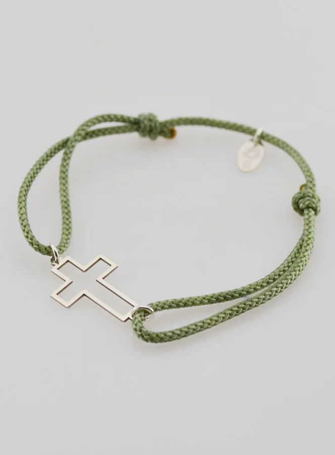 Silver and Green Rope Bracelet - Openwork Cross (pic 2)