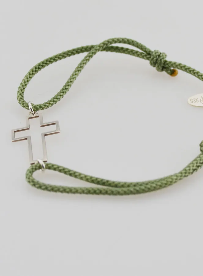 Silver and Green Rope Bracelet - Openwork Cross (pic 4)