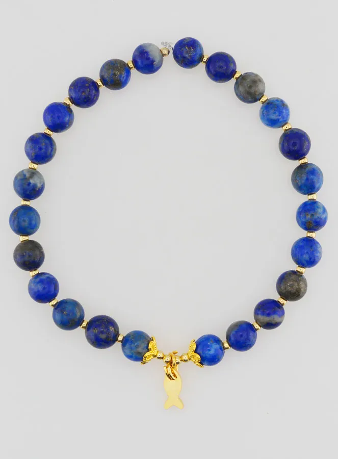 Bracelet with Lapis Lazuli 6mm and Fish Pendant (pic 1)