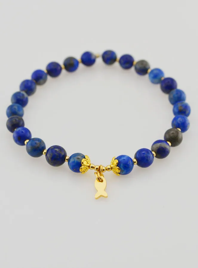 Bracelet with Lapis Lazuli 6mm and Fish Pendant (pic 2)