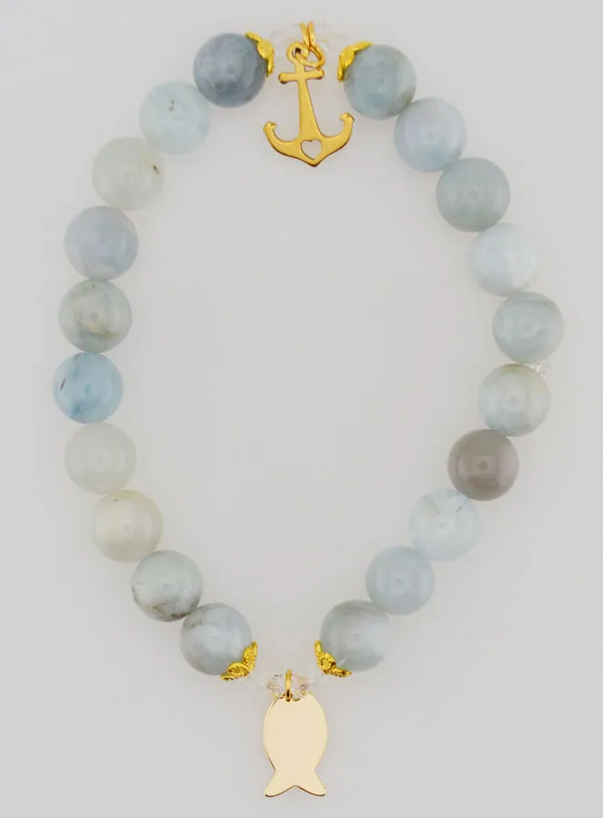 Aquamarine Bracelet 8mm with Ichtus Fish and Anchor (pic 1)