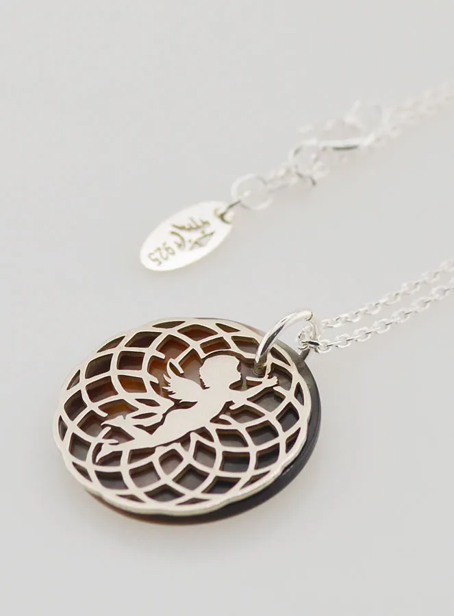 Religious Necklace Angel - Silver and Black Mother-of-Pearl (pic 1)