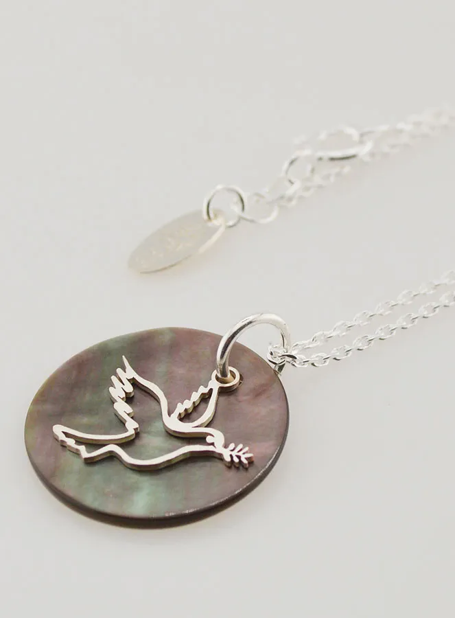 Religious Necklace Silver Dove and Black Mother-of-Pearl (pic 1)