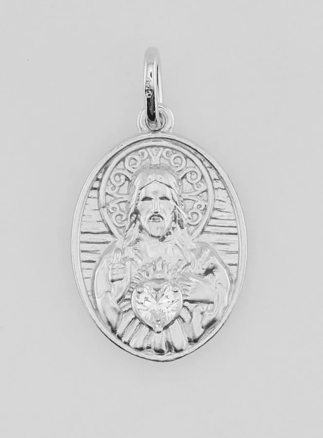 Silver and Zirconia Medal Sacred Heart of Jesus - 19mm (pic 1)