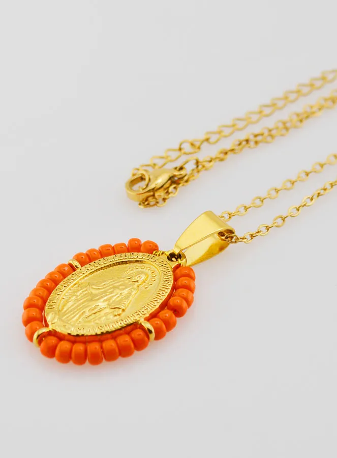 Miraculous Medal + Necklace - Orange Beads (pic 1)