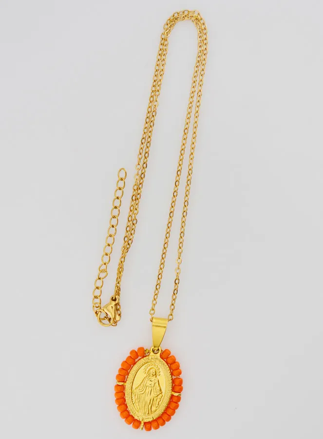 Miraculous Medal + Necklace - Orange Beads (pic 2)