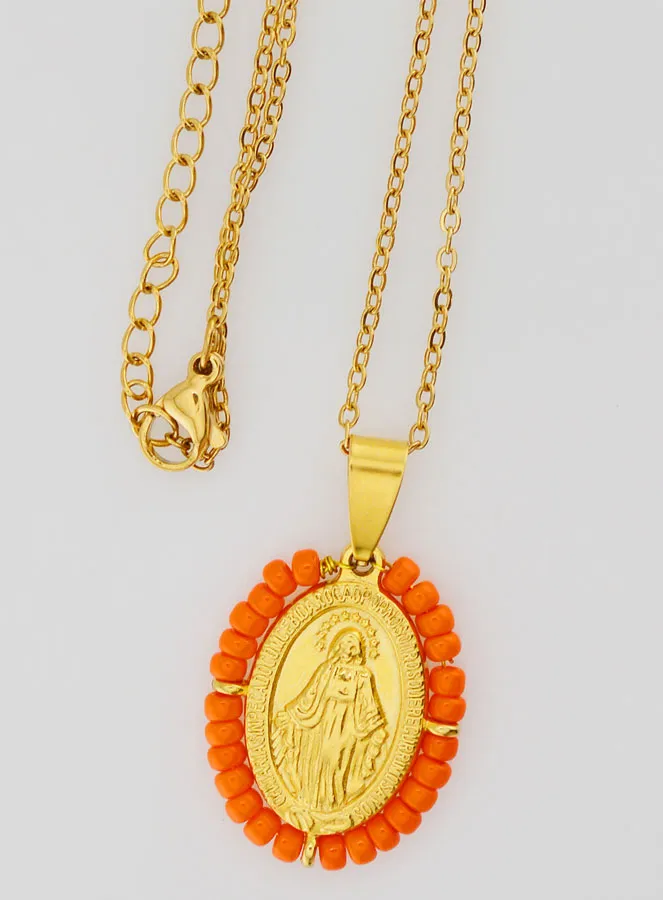 Miraculous Medal + Necklace - Orange Beads (pic 4)