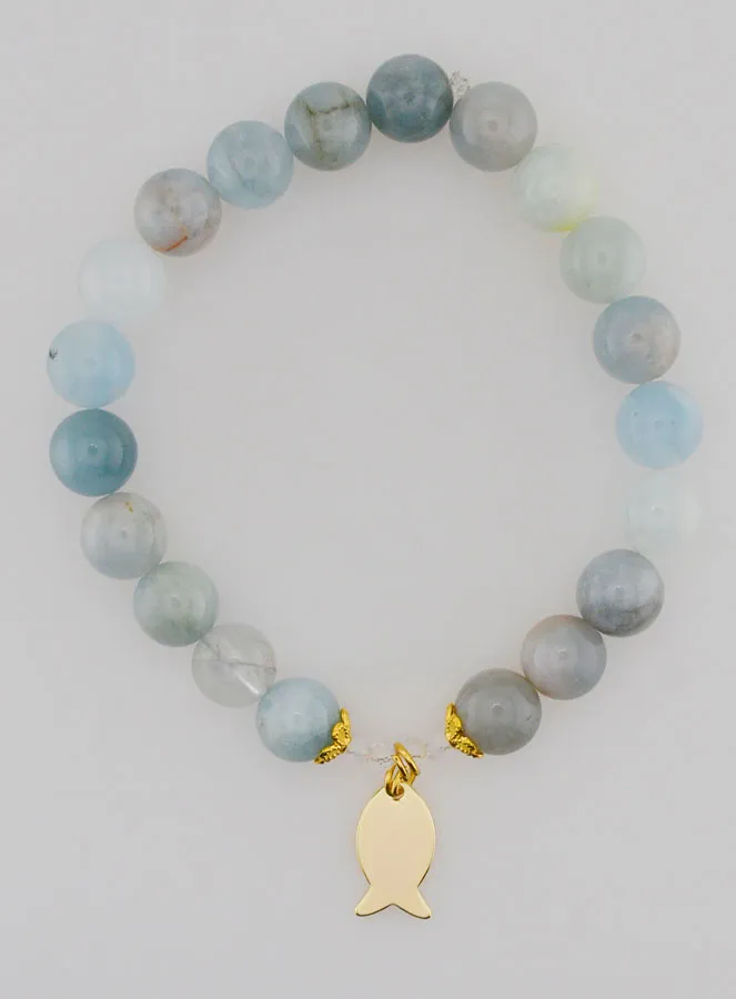 Bracelet Aquamarine Stones 8mm and Golden Ichthus (pic 1)