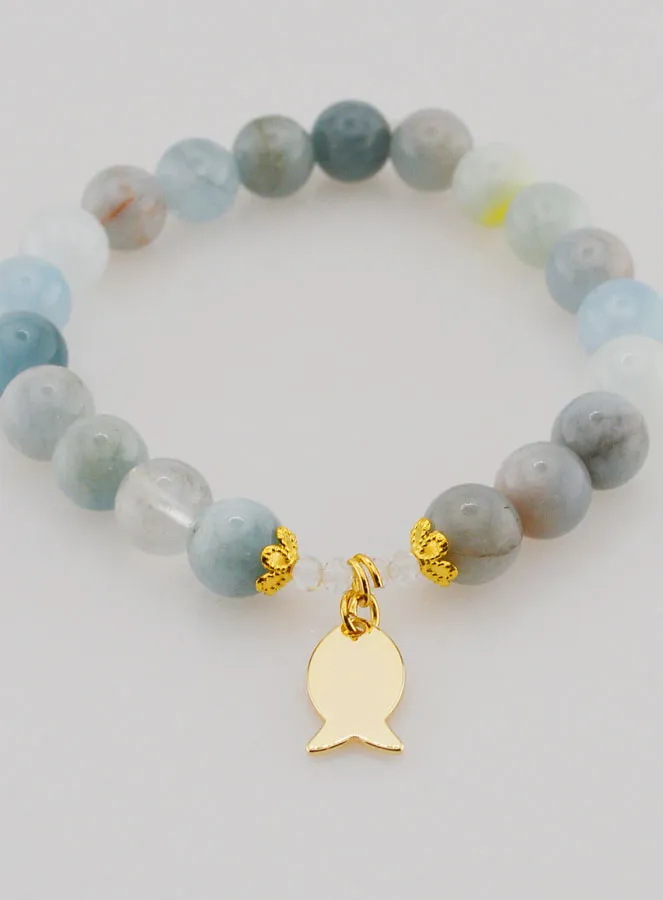 Bracelet Aquamarine Stones 8mm and Golden Ichthus (pic 2)
