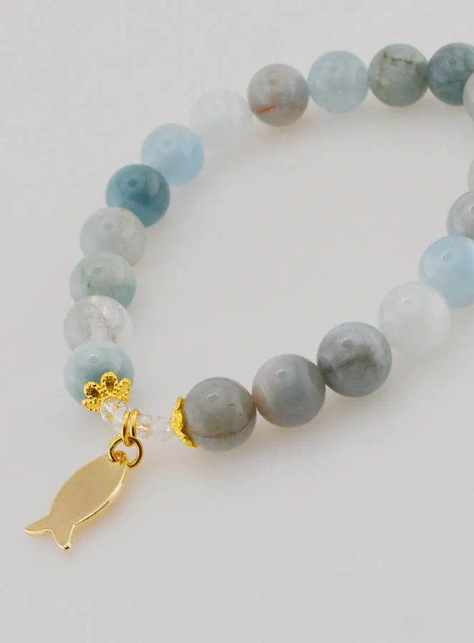 Bracelet Aquamarine Stones 8mm and Golden Ichthus (pic 4)