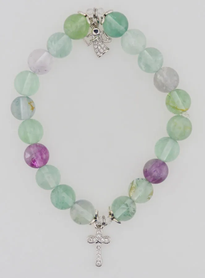 Bracelet with Fluorite Stones 8mm - Angel and Cross (pic 1)