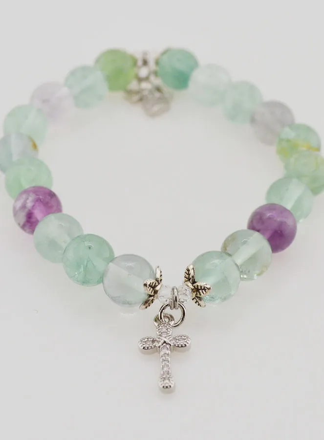 Bracelet with Fluorite Stones 8mm - Angel and Cross (pic 2)