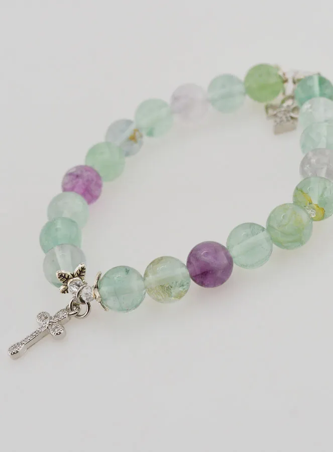 Bracelet with Fluorite Stones 8mm - Angel and Cross (pic 3)