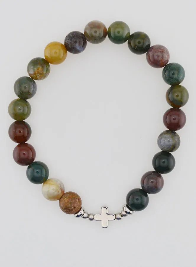 Religious Bracelet Indian Agate 8mm and Cross (pic 1)
