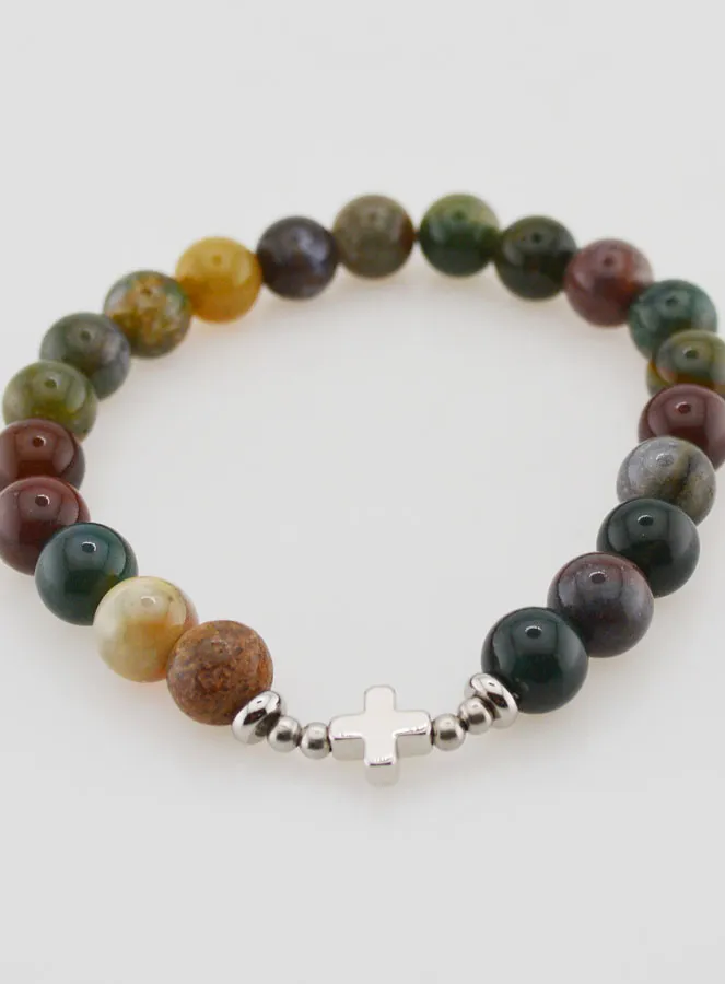 Religious Bracelet Indian Agate 8mm and Cross (pic 2)