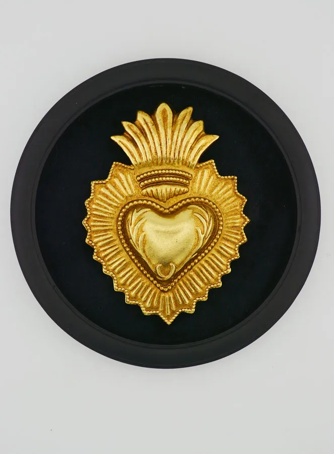 Ex Voto Wall Decoration Golden Heart on Black Velvet - 19cm (pic 1)