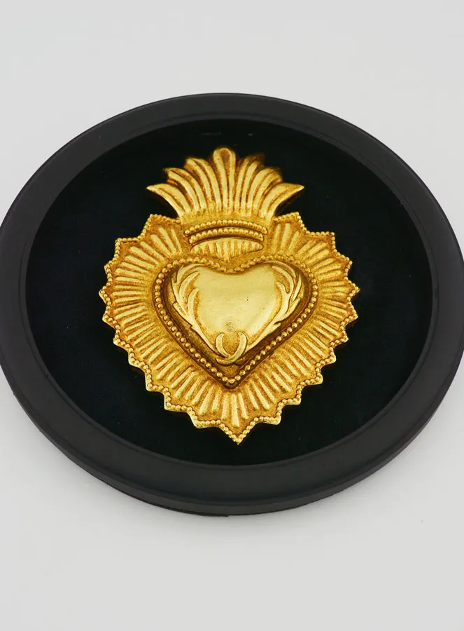 Ex Voto Wall Decoration Golden Heart on Black Velvet - 19cm (pic 2)