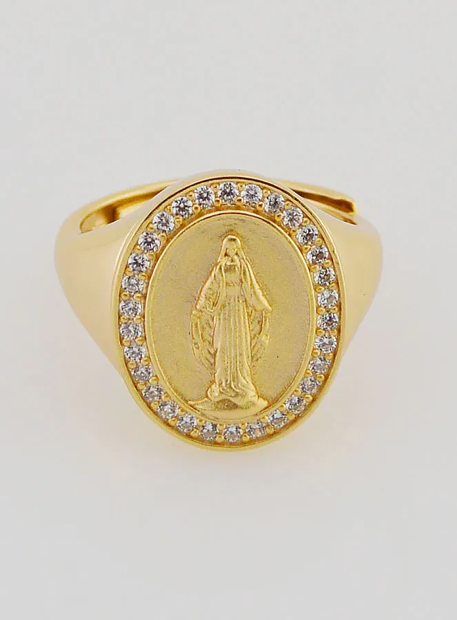 Signet Ring Miraculous Virgin in Gold-Plated Silver and Zirconiums - Sizes 52 tot 56 (pic 1)