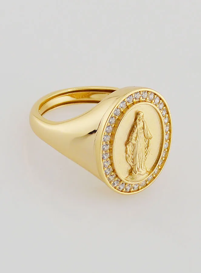 Signet Ring Miraculous Virgin in Gold-Plated Silver and Zirconiums - Sizes 52 tot 56 (pic 3)
