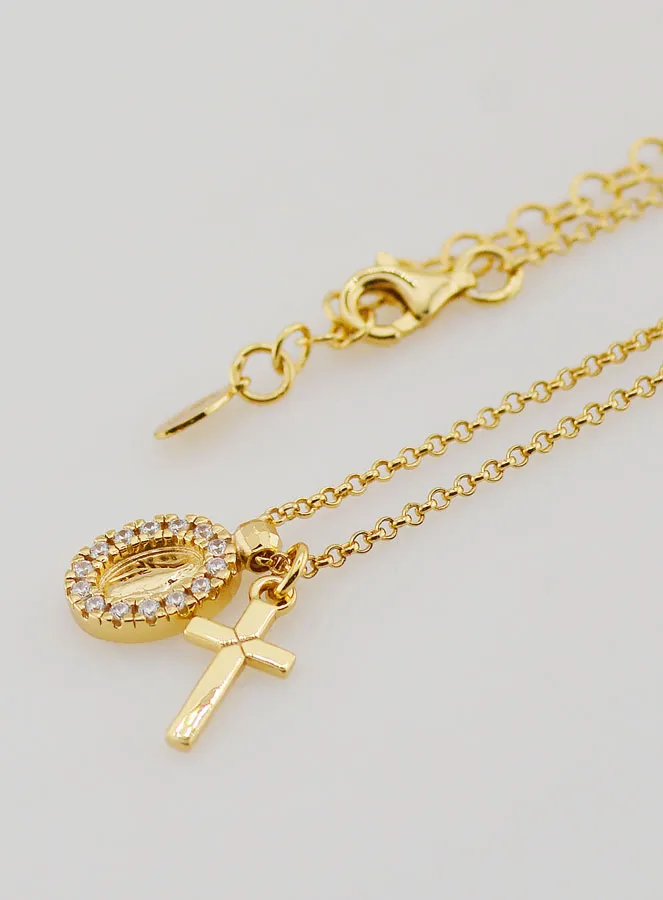 Religious Necklace Miraculous Medal and Cross – Gold-Plated Silver with Zircons (pic 1)