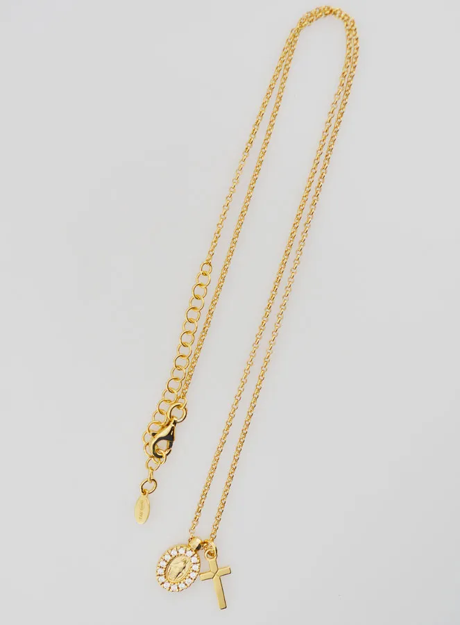 Religious Necklace Miraculous Medal and Cross – Gold-Plated Silver with Zircons (pic 2)