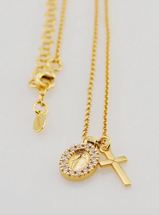 Religious Necklace Miraculous Medal and Cross – Gold-Plated Silver with Zircons (pic 3)