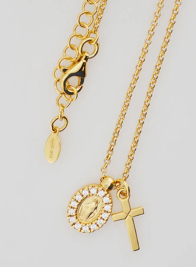Religious Necklace Miraculous Medal and Cross – Gold-Plated Silver with Zircons (pic 4)