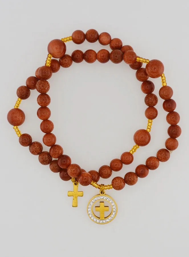 Sunstone Rosary Bracelet - Cross and Zircon Medal (pic 1)