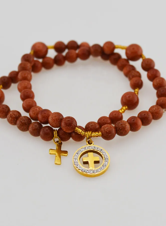 Sunstone Rosary Bracelet - Cross and Zircon Medal (pic 2)