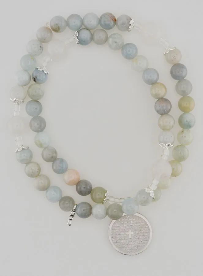 Aquamarine Rosary Bracelet with Our Father Prayer (pic 1)