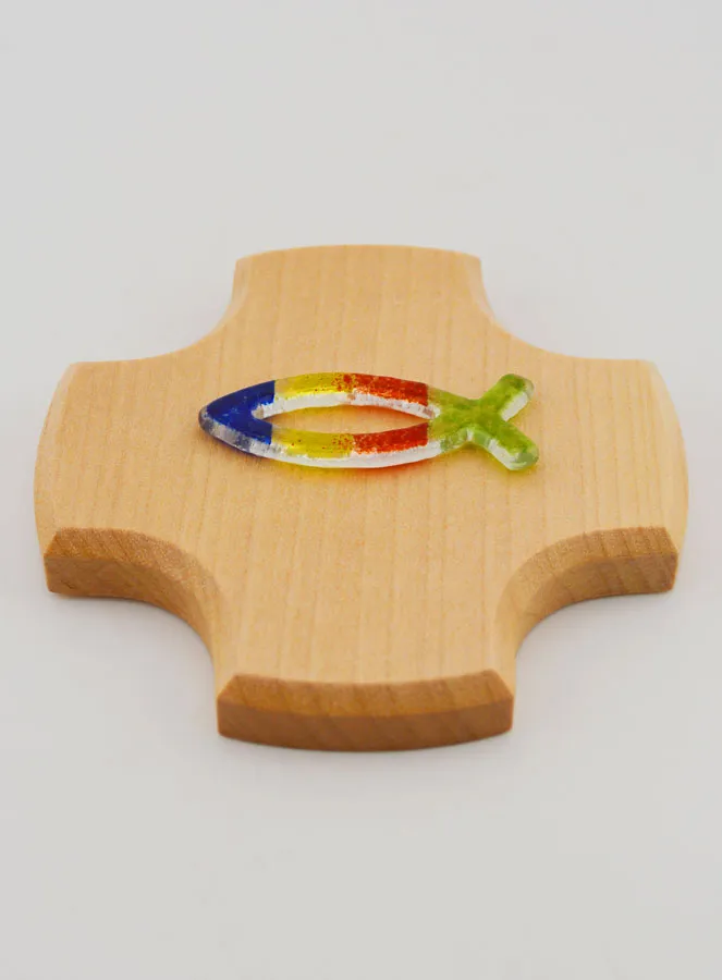 Maple Wood Cross and Glass Ichtus Fish - 9cm (pic 2)