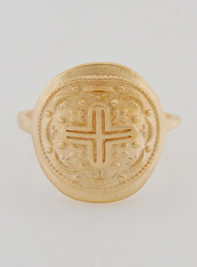 Ring with Carved Cross of Jesus - Gold-Plated - Size 60 (pic 1)