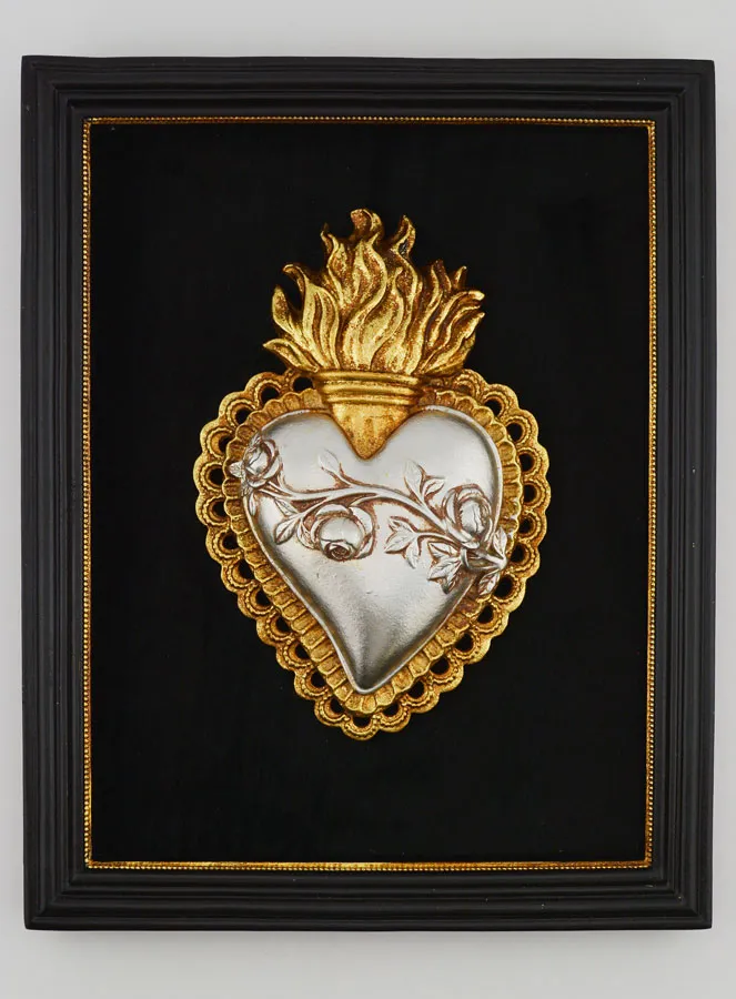 Gold and Silver Wall Ex Voto on Black Velvet - Heart with Flowers 18cm (pic 1)