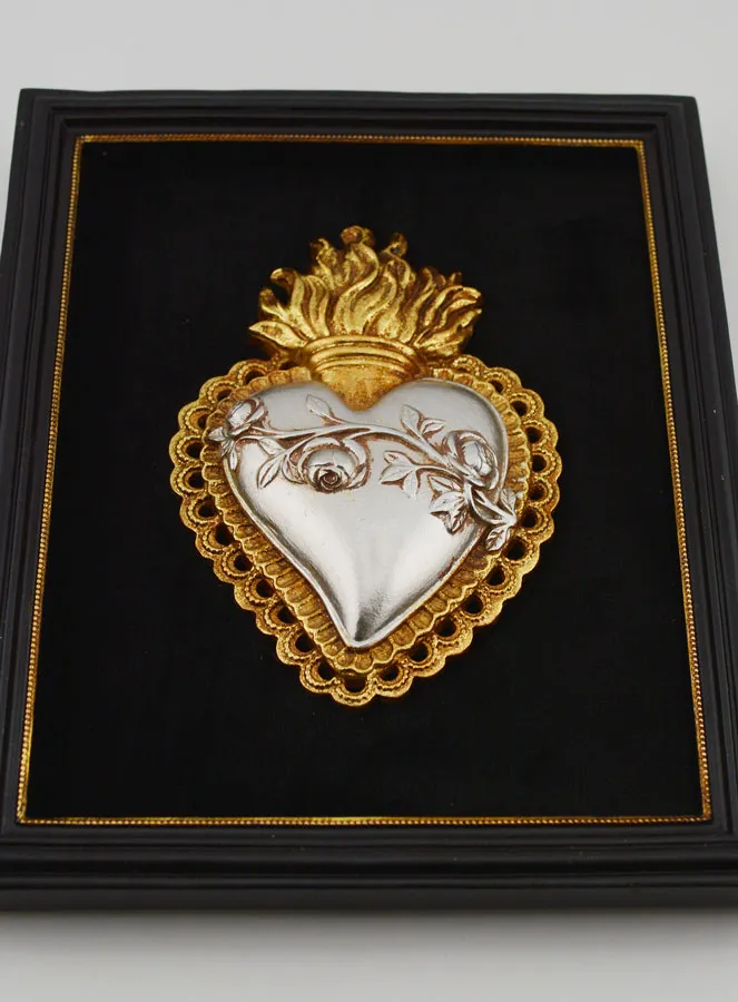 Gold and Silver Wall Ex Voto on Black Velvet - Heart with Flowers 18cm (pic 2)