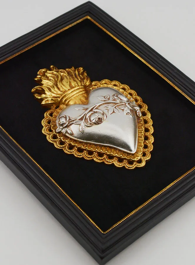 Gold and Silver Wall Ex Voto on Black Velvet - Heart with Flowers 18cm (pic 3)