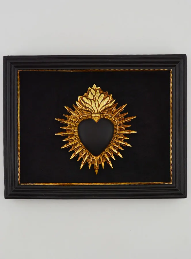 Ex Voto Wall Decoration Heart Black and Gold on Velvet - 16cm (pic 1)