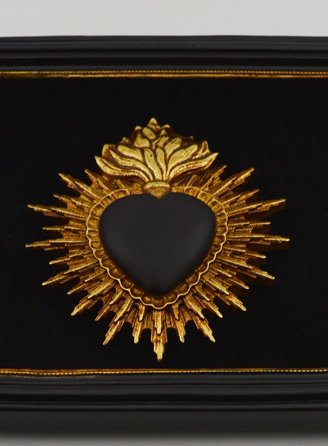 Ex Voto Wall Decoration Heart Black and Gold on Velvet - 16cm (pic 2)