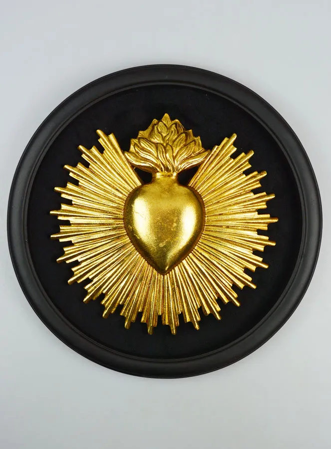 Round Ex Voto Wall Decoration Golden Heart on Velvet - 29cm (pic 1)