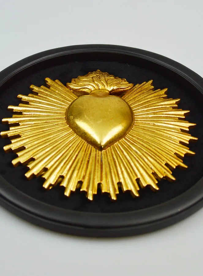 Round Ex Voto Wall Decoration Golden Heart on Velvet - 29cm (pic 2)