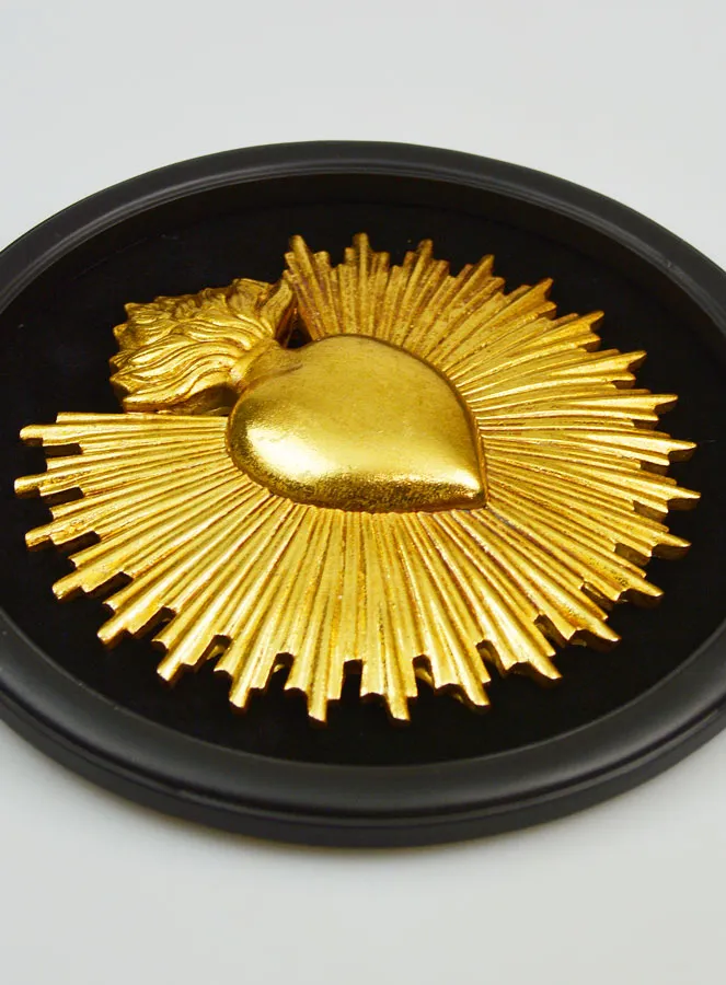 Round Ex Voto Wall Decoration Golden Heart on Velvet - 29cm (pic 3)