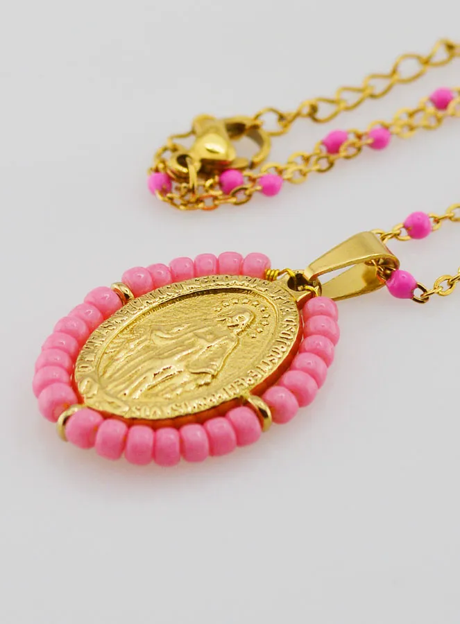 Miraculous Medal with Beads + Necklace Pink Beads (pic 1)