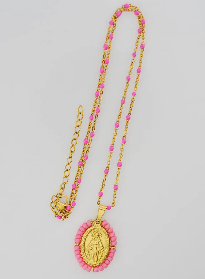 Miraculous Medal with Beads + Necklace Pink Beads (pic 2)