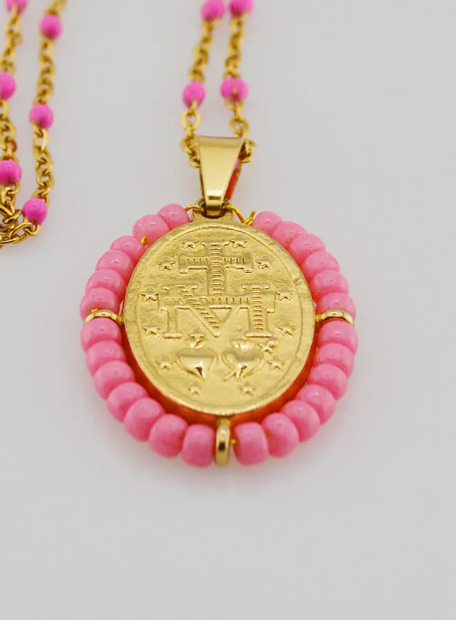 Miraculous Medal with Beads + Necklace Pink Beads (pic 3)