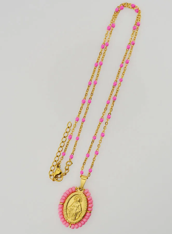 Religious Necklace with Beads and Miraculous Medal - Pink (pic 2)