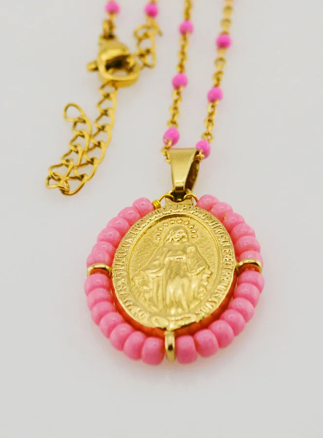 Religious Necklace with Beads and Miraculous Medal - Pink (pic 3)