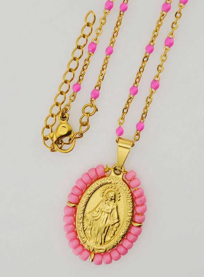 Religious Necklace with Beads and Miraculous Medal - Pink (pic 4)