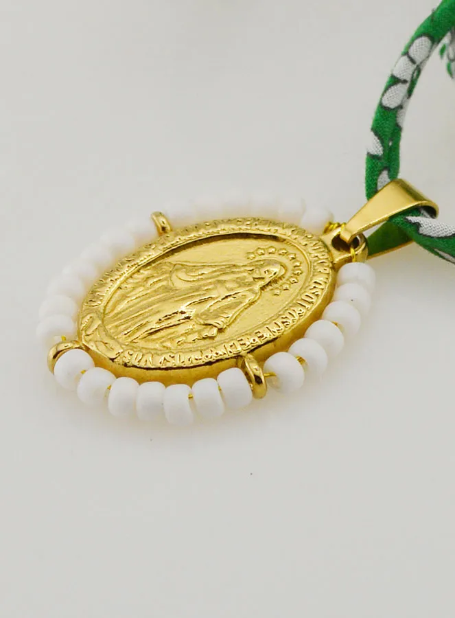Religious Necklace Green Liberty Cord - Miraculous Medal with Beads (pic 1)