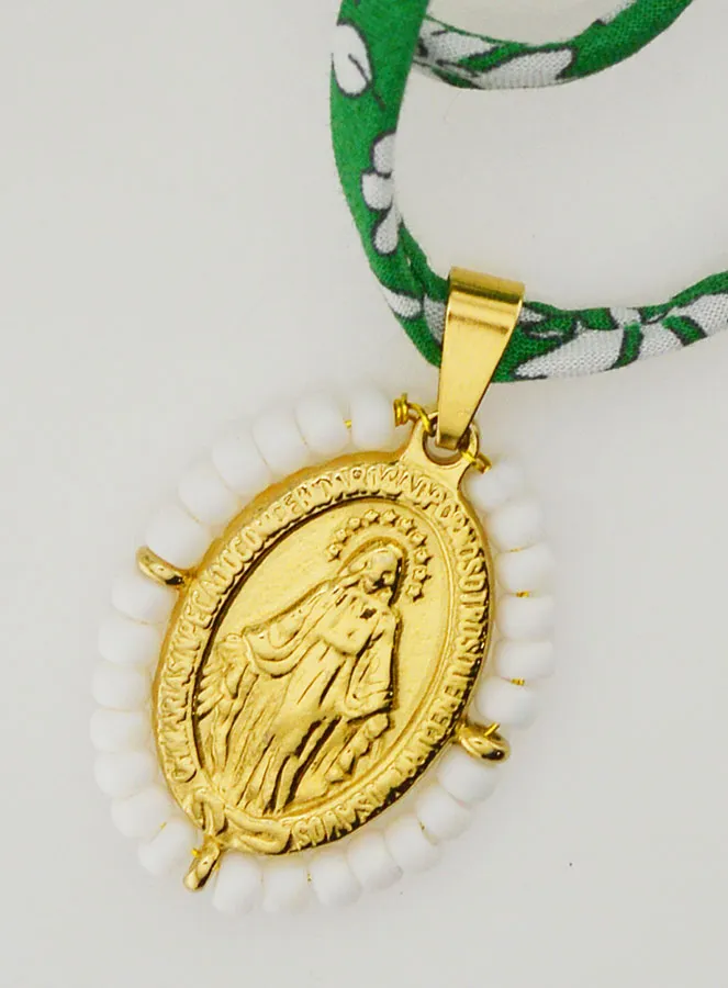 Religious Necklace Green Liberty Cord - Miraculous Medal with Beads (pic 4)