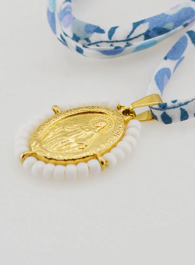 Religious Necklace Blue Liberty Cord - Miraculous Medal with Beads (pic 1)